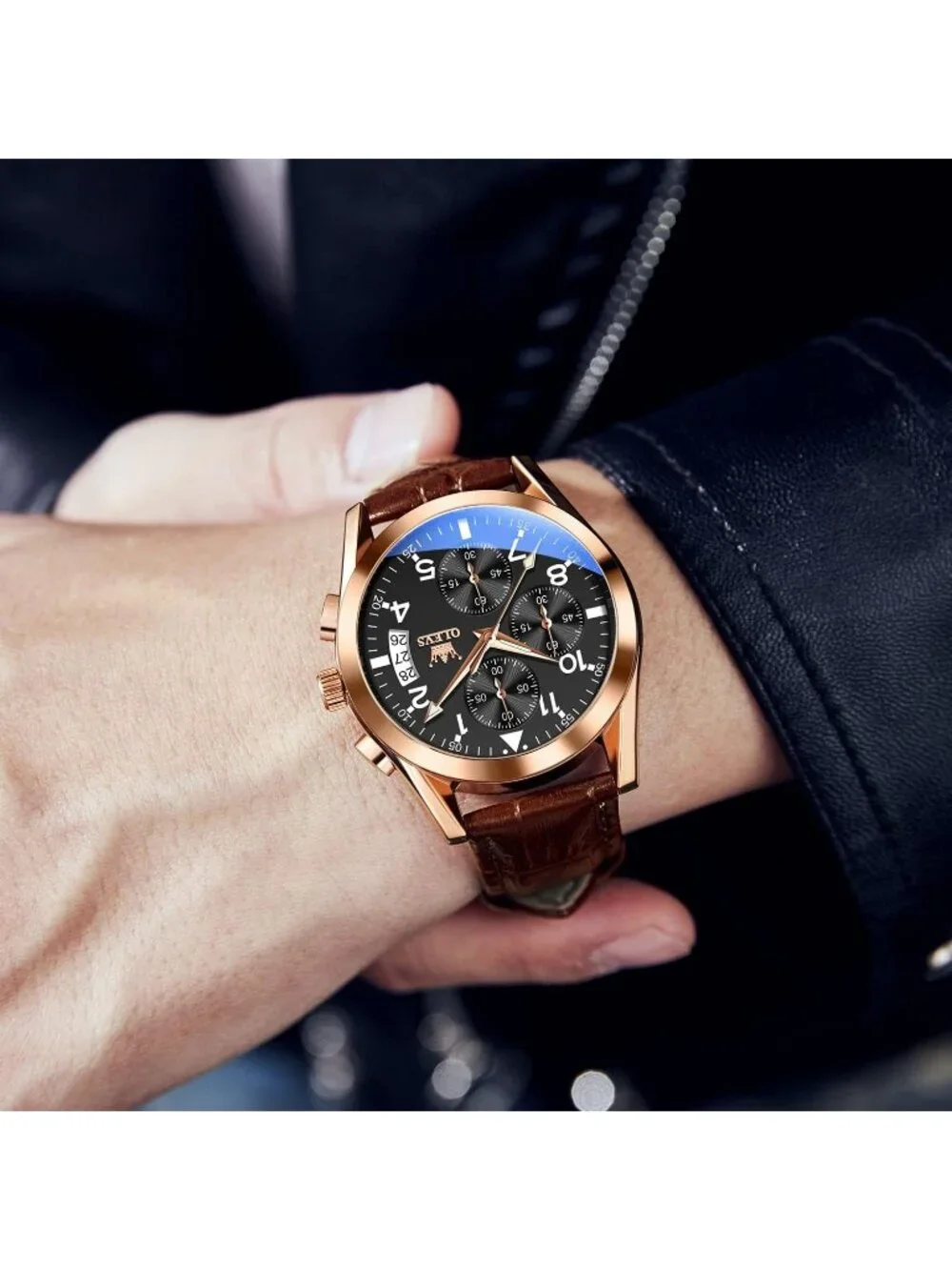 Men's Rose Gold Leather Chronograph Watch Big Face Waterproof Luminous Watch